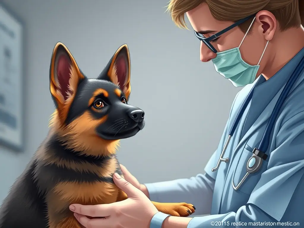 Illustration de un veterinario examinando a un cachorro alemán con expresión preocupada