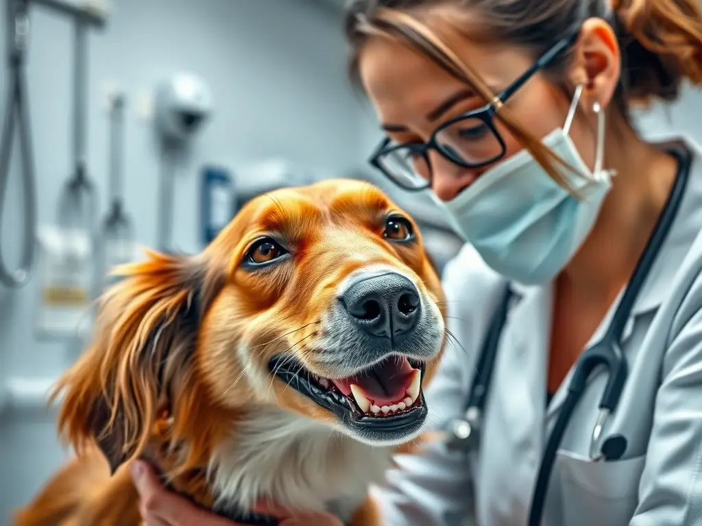 Un veterinario examina a un perro feliz y sano