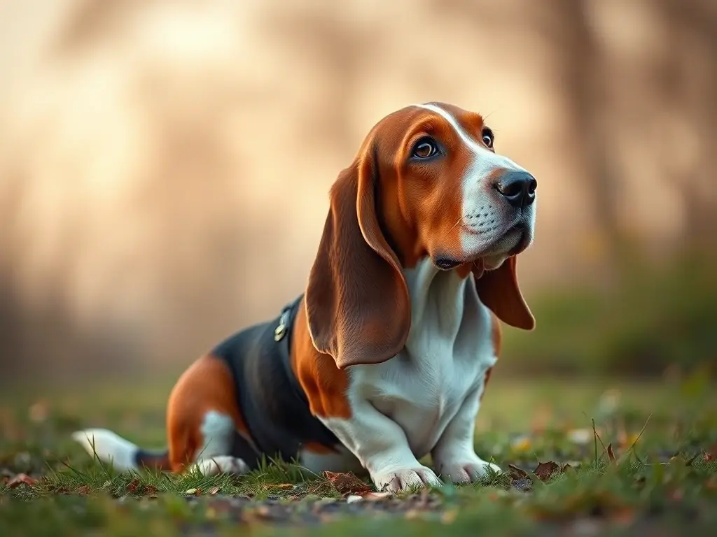 Illustration de un basset hound en estilo retrato, realista y detalladamente