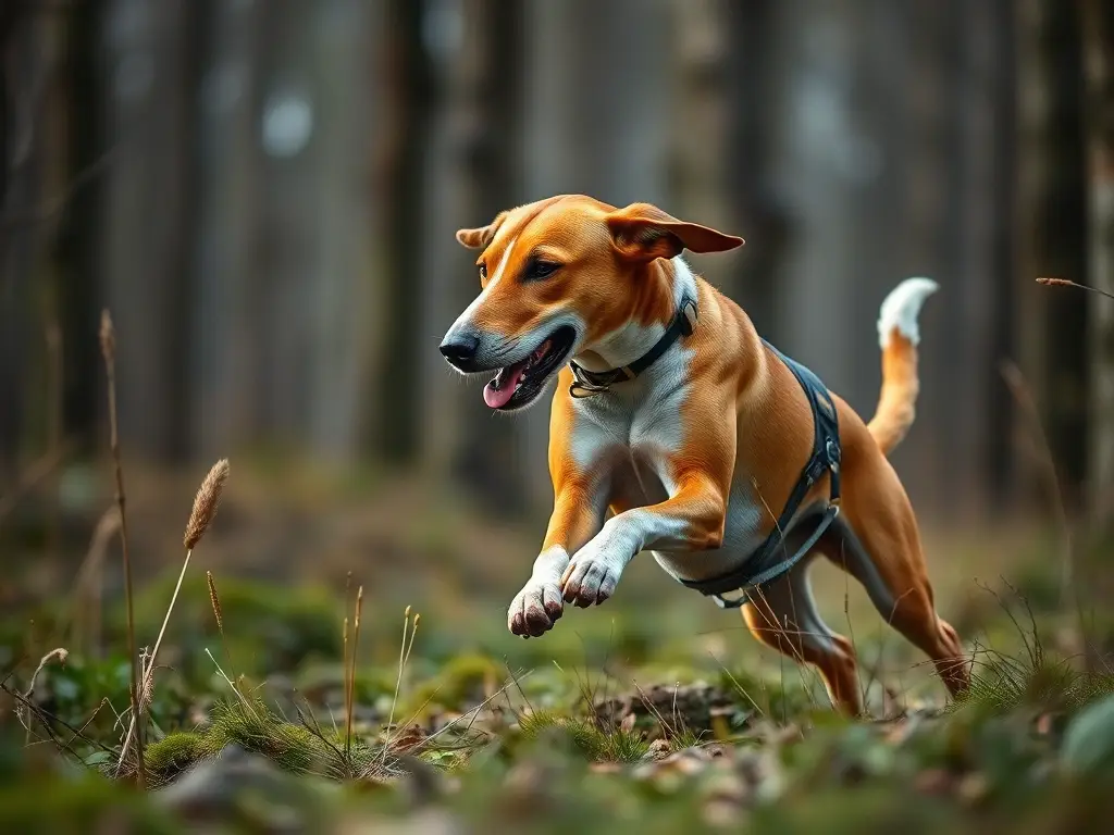 Imagen realista de un foxhound cazando con energía y alta definición