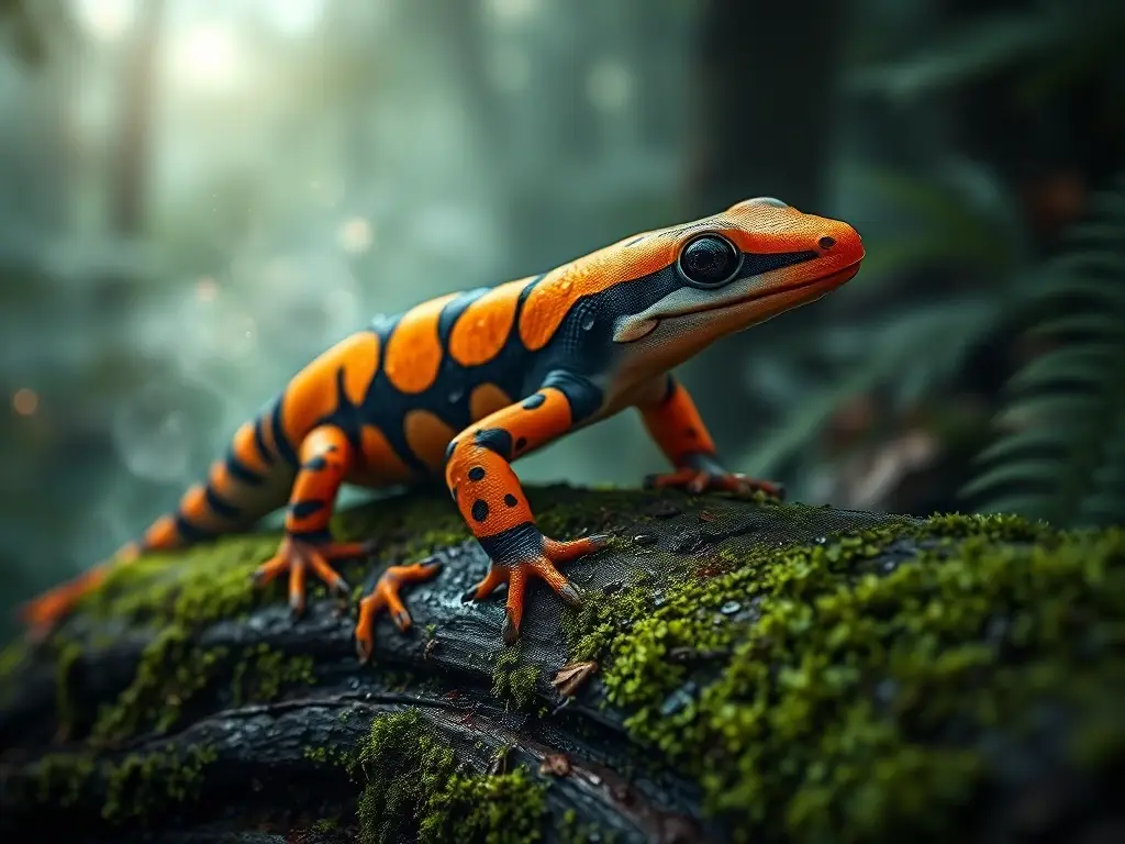 Salamandra venenosa sobre tronco musgoso encantado