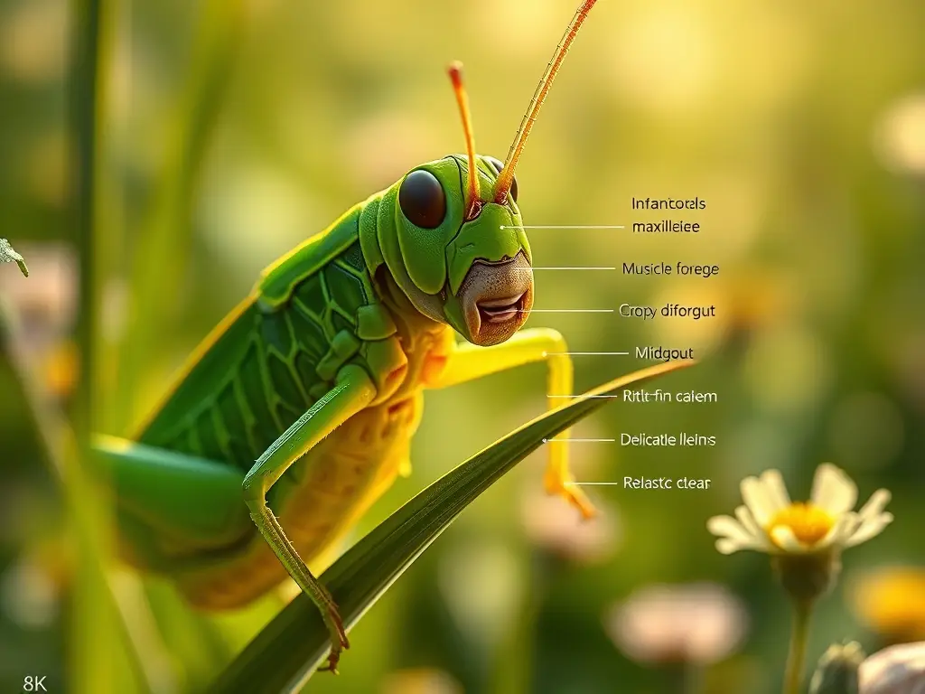 Primer plano fotorealista de saltamontes y digestión