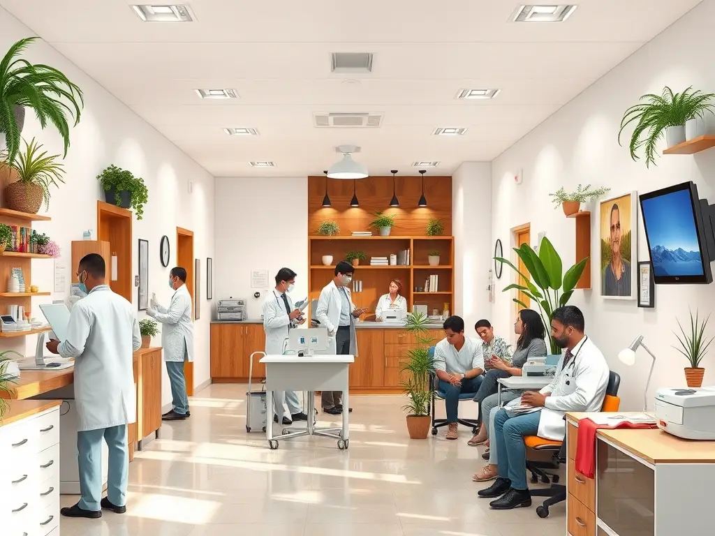 Una ilustración reverent de un centro médico en San Bernardo, Chile