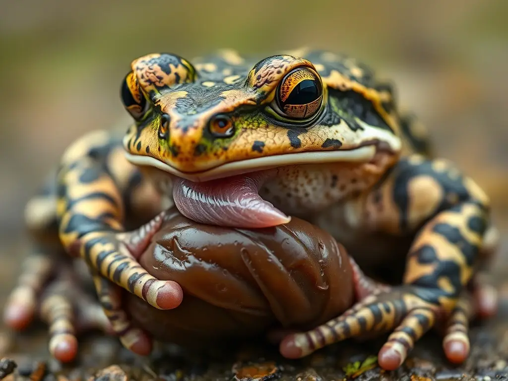 Foto de un loro europeo mid-chew con un slug, detallada