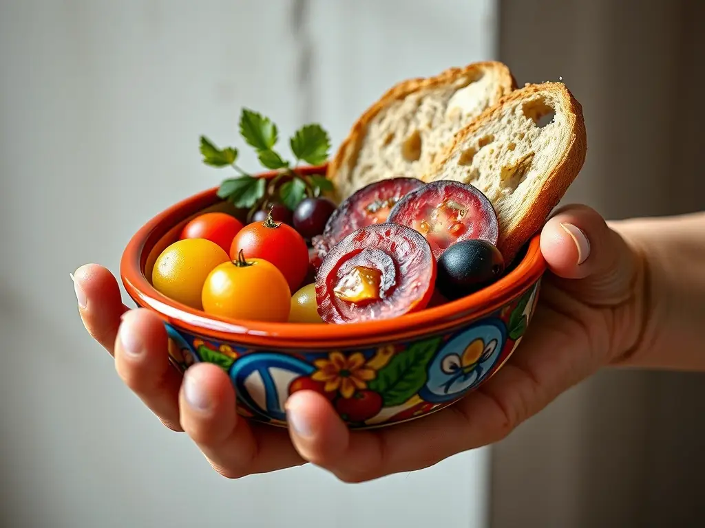 Ilustración realista de una mano sosteniendo un plato con comida española