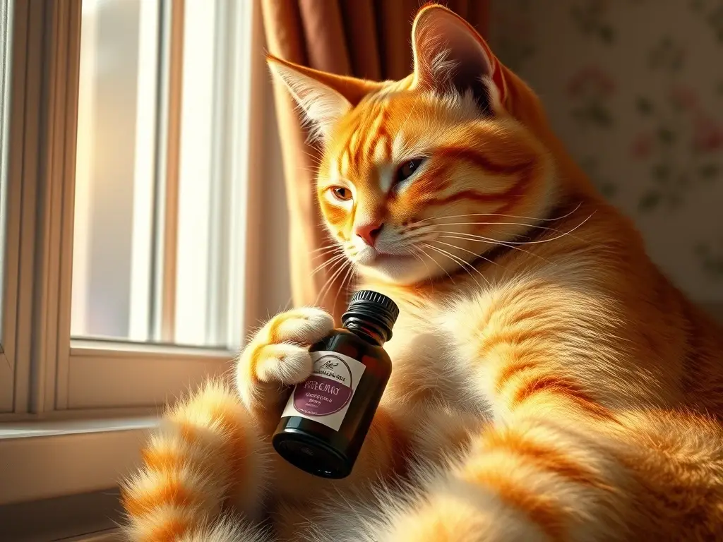 Imagen realista de un gato persa gris con jarra de aceite de aroma