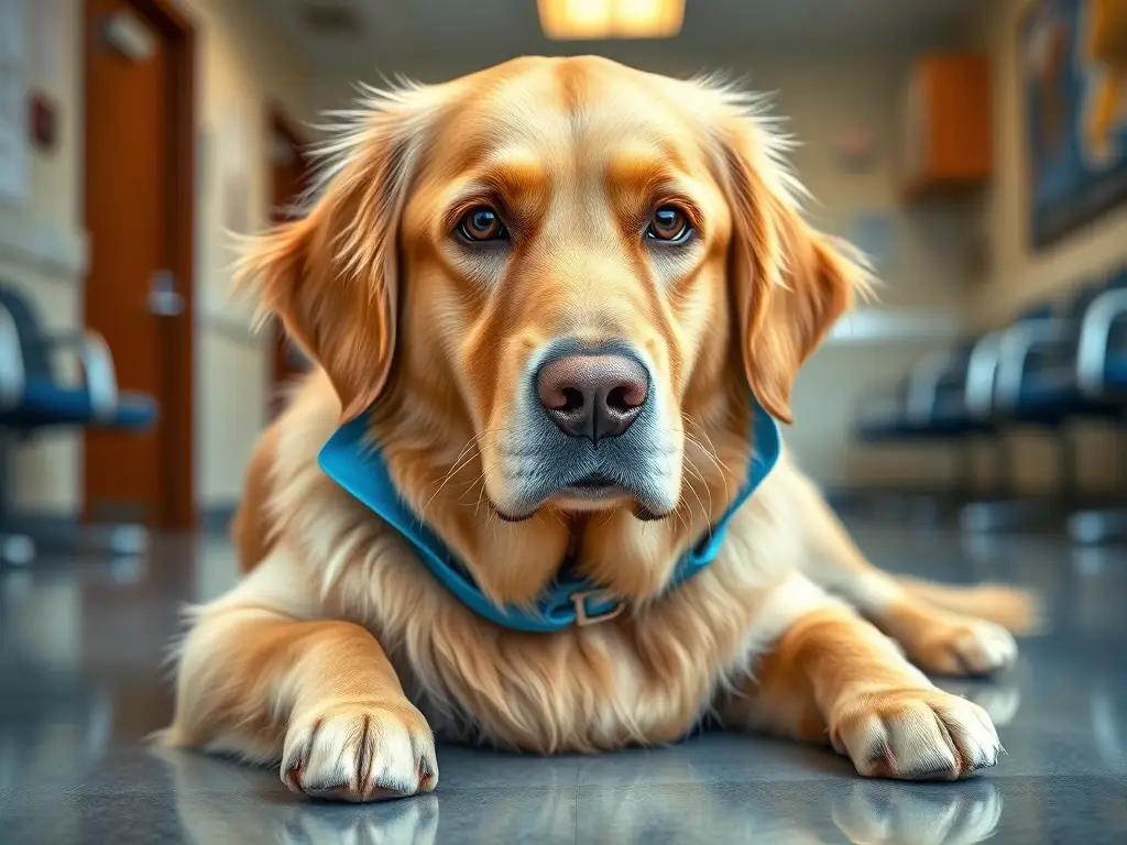 Fotorealistic retrato de Golden Retriever, suave al amarillo, con collar azul y actitud tranquila, en cirugía