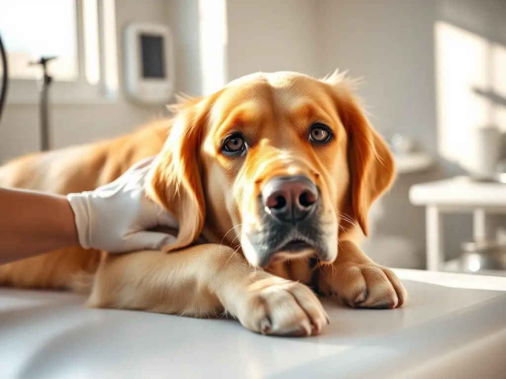 Perro golden retriever, veterinario lo cuida