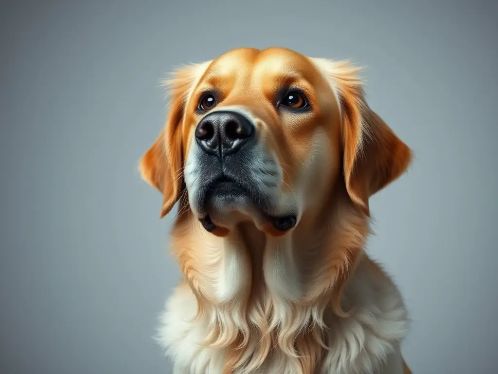 Fotografía realista de un perro pastor golden con expresión preocupada