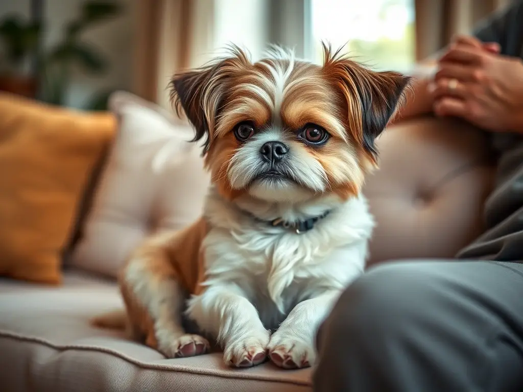 Imagen de Shih Tzu relajado en un sofá con dueño