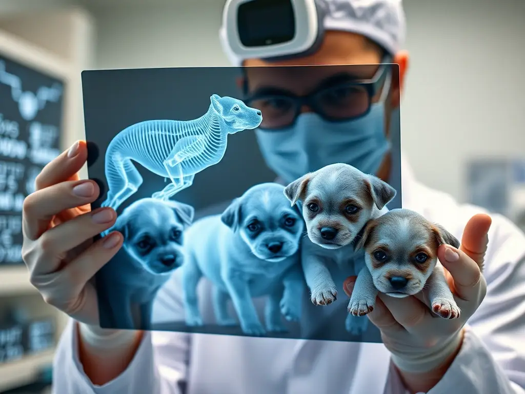 Fotografía realista de un técnico al examinar un radio de cachorros con precisión
