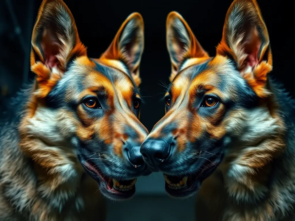 Fotografía realista de dos perros alemanes agitas de cerca, con expresiones de angustia y un ambiente misterioso