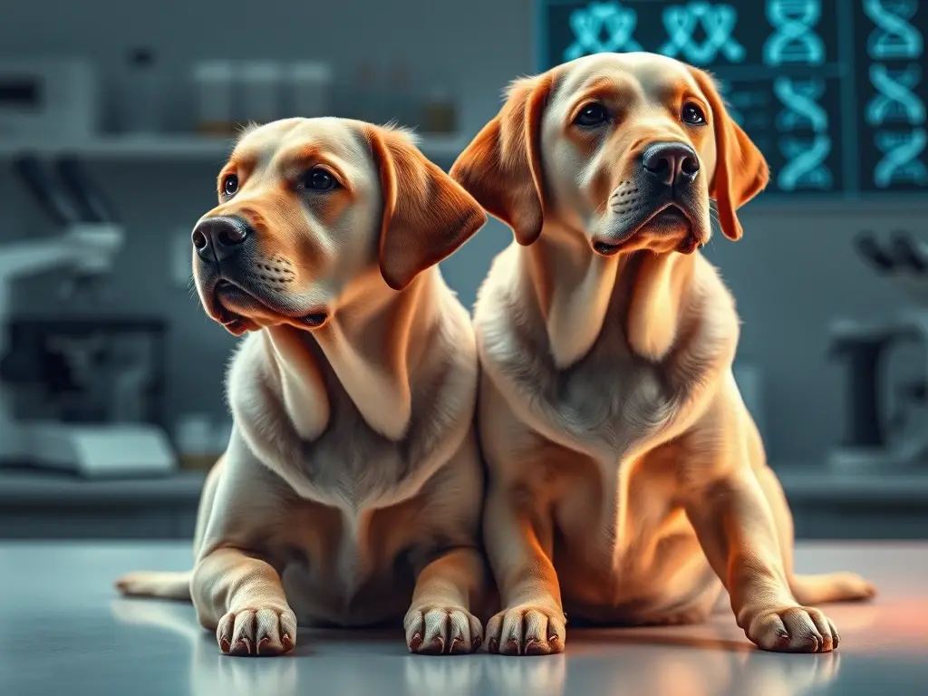 Dos labradores bajo una hélice de ADN
