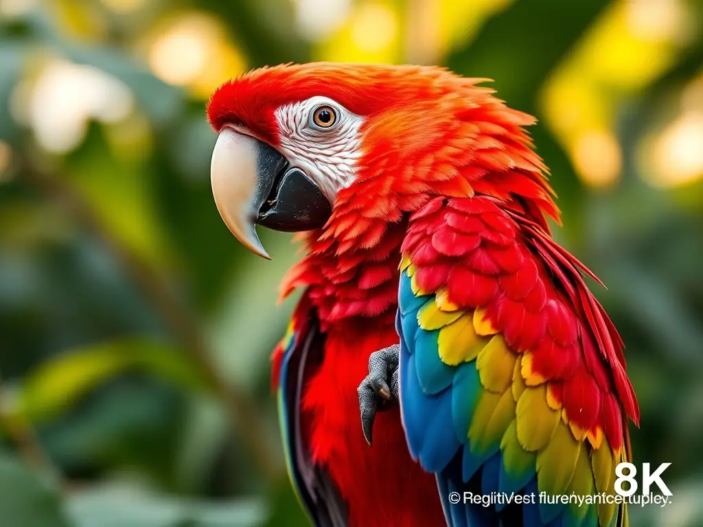 Foto realista de un majestuoso macaw con plumas detalladas en una rama de bosque