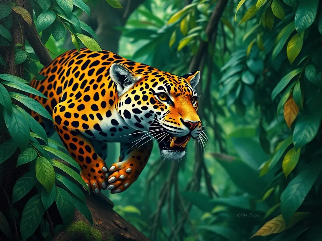 Retrato hiperrealista de jaguar en la selva amazónica