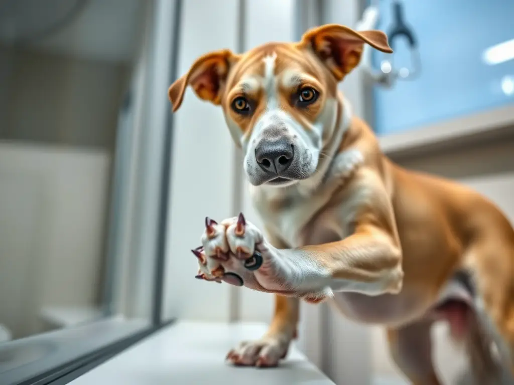 Fotorealistic imagen de un perro con seroma cerca del tobillo
