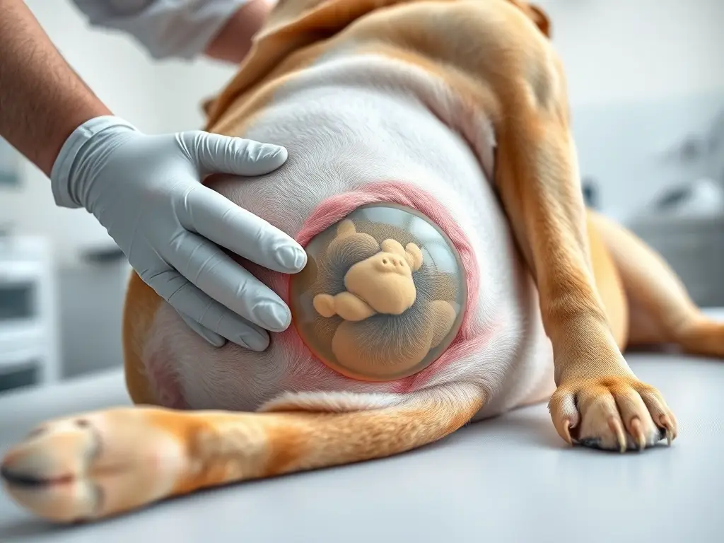 Perro en mesa veterinaria con seroma visible