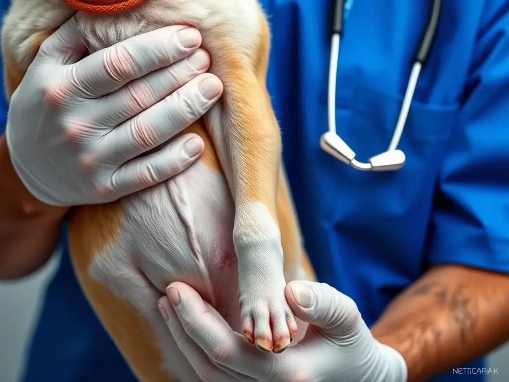 Foto realista de veterinario con perro con seroma en la pierna
