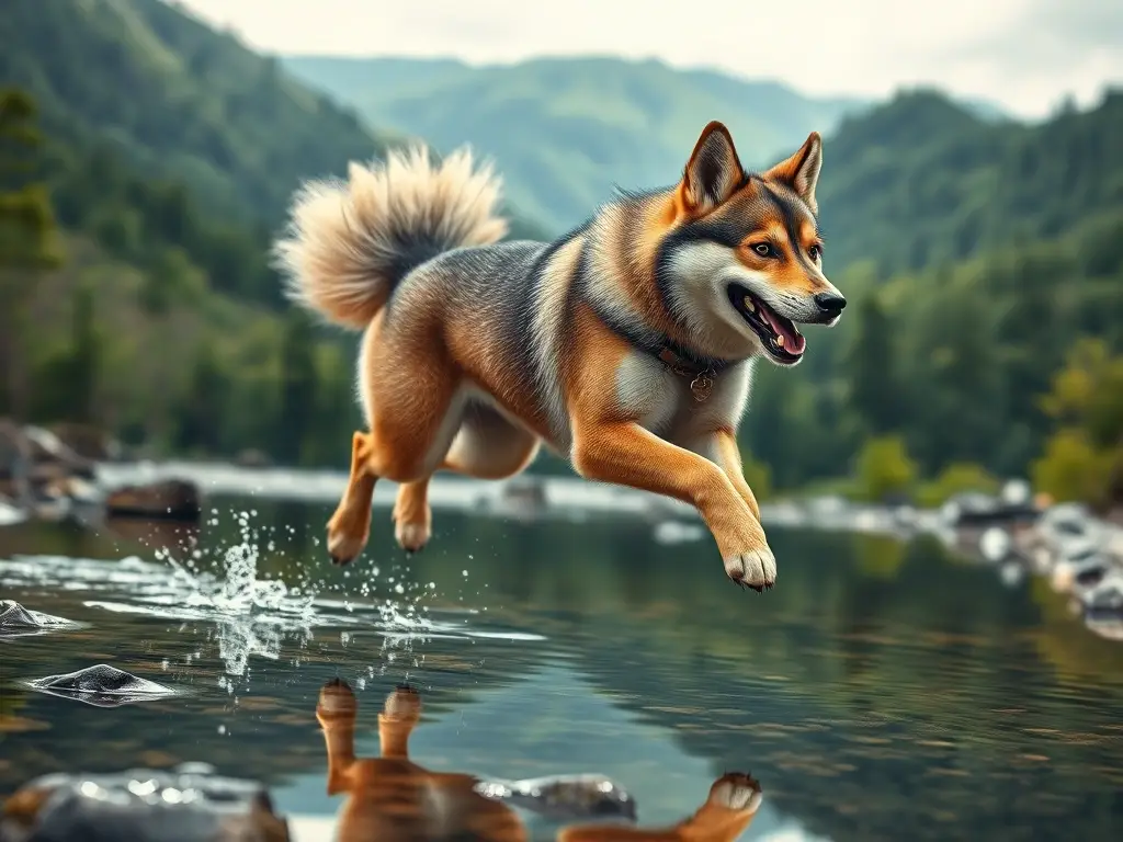 Un Shikoku Inu con energía salta sobre un río cristalino