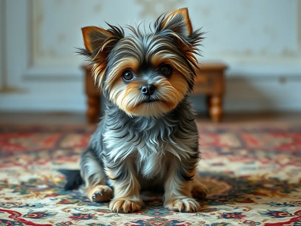Foto realista de un Shorkie elegante en un tapete vintage