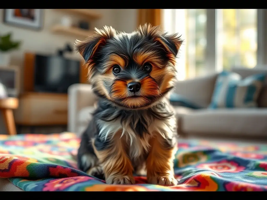 Imagen fotorealista y detallada de un cachorro de Shorkie, feliz