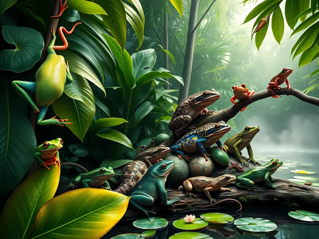 Bosque tropical hiperrealista con veinte anfibios