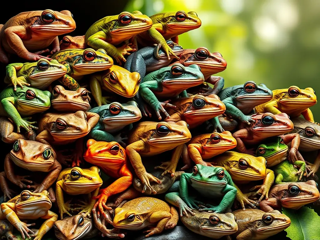 Fotocollage realista de 20 anfibios con texturas detalladas y camuflaje