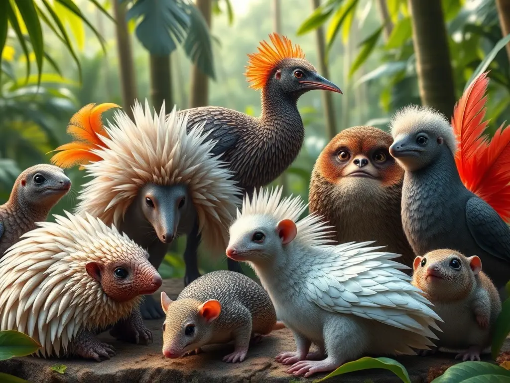 Veinte mamíferos emplumados en selva fotorealista