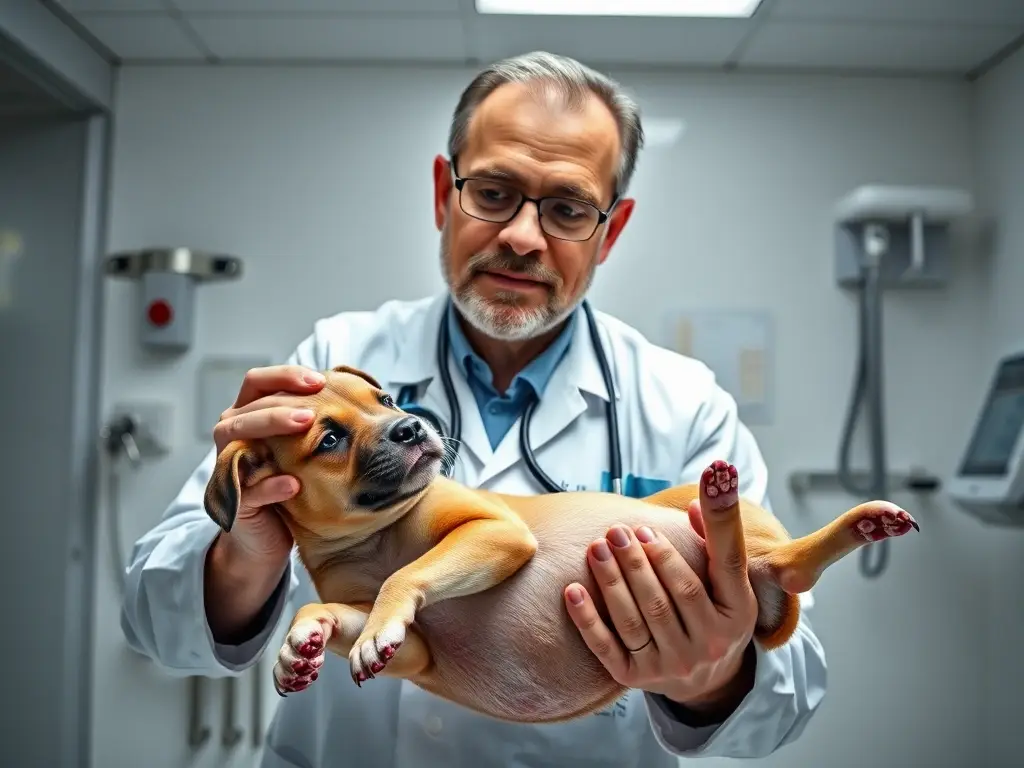 Fotografía realista de un veterinario examinando un cachorro muerto