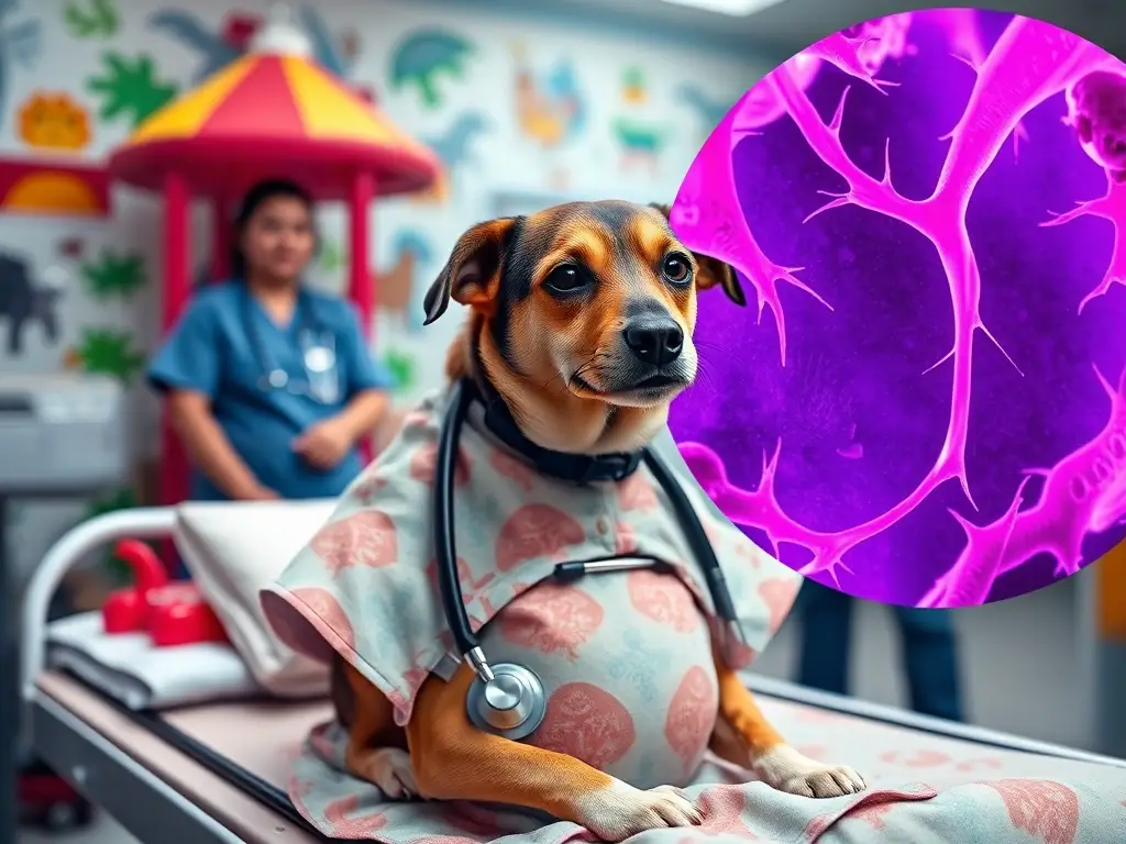 Fotografía realística y emocionante de una canina embarazada con equipo médico