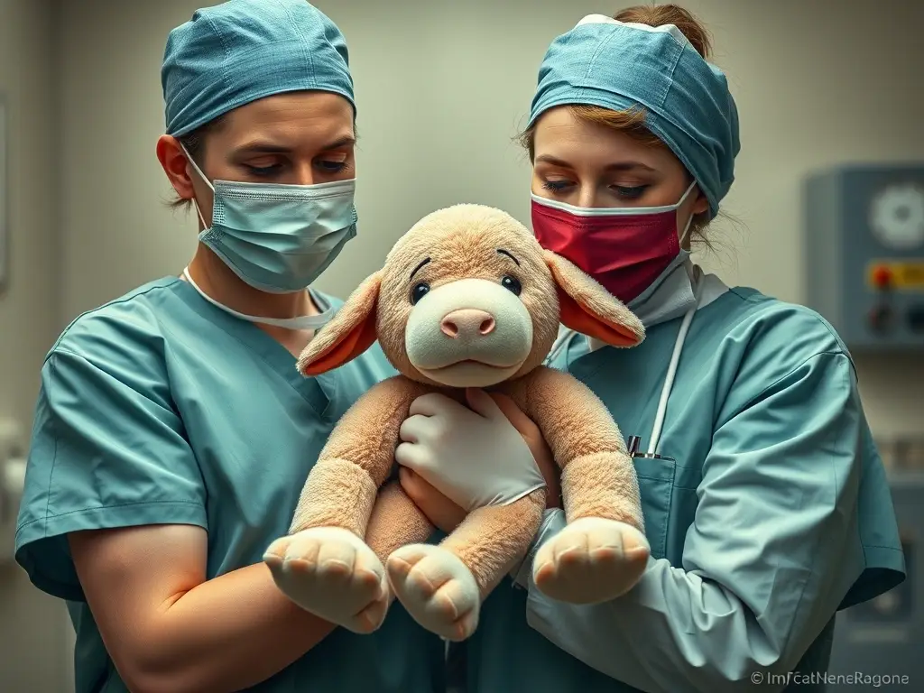 Imagen fotorealista de oncologos ucranianos que abrazan a un cachorro de peluche