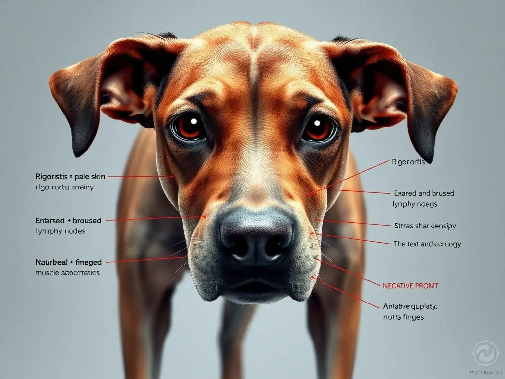 Ilustración médica realista de un perro muerto con síntomas