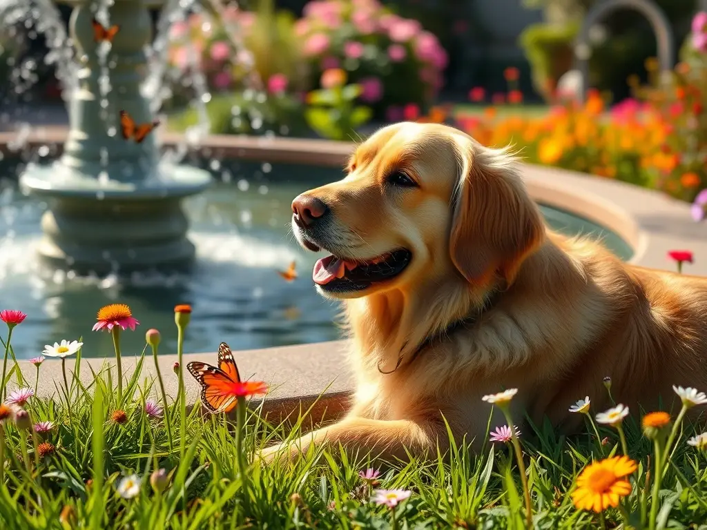 Un golden retriever tranquilo disfruta del sol en un jardín exuberante