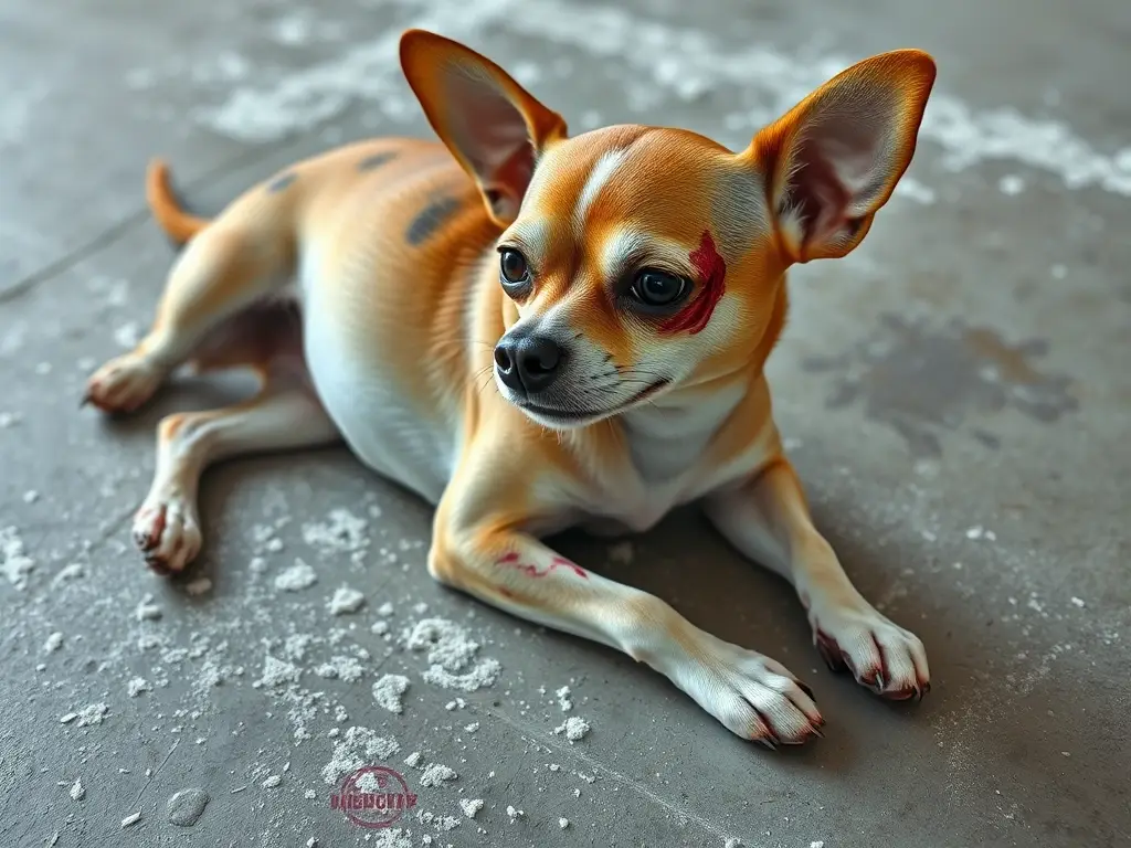 Imagen realista de un chihuahua herido por una araña venenosa