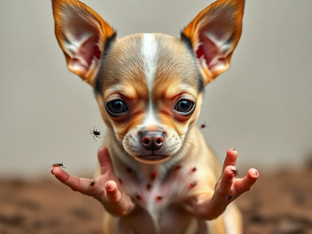 Foto realista de un cachorro chihuahua con ojos alertas, lleno de pulgas y pequeñas ronchas, con fondo limpio