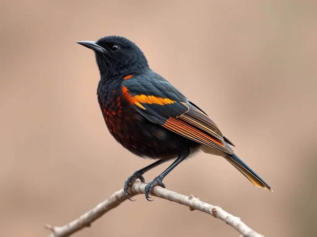 Foto realista de un pájaro negro con pico reluciente en un tronco