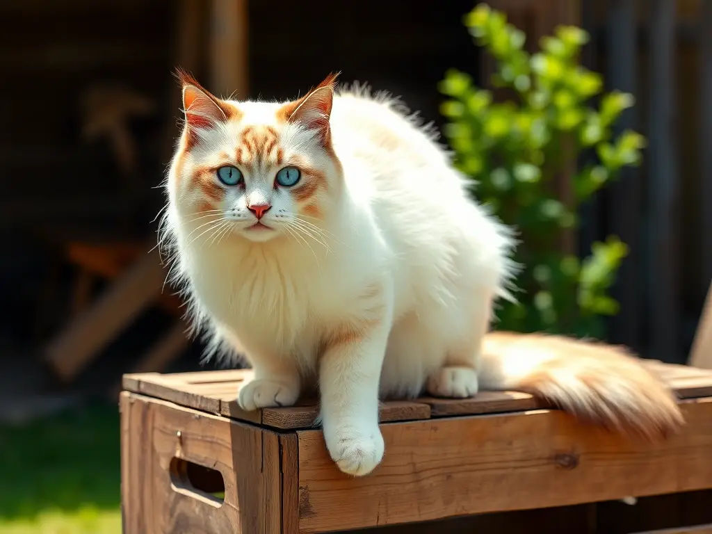 Foto realista de gato de nieve en una caja de madera con sol