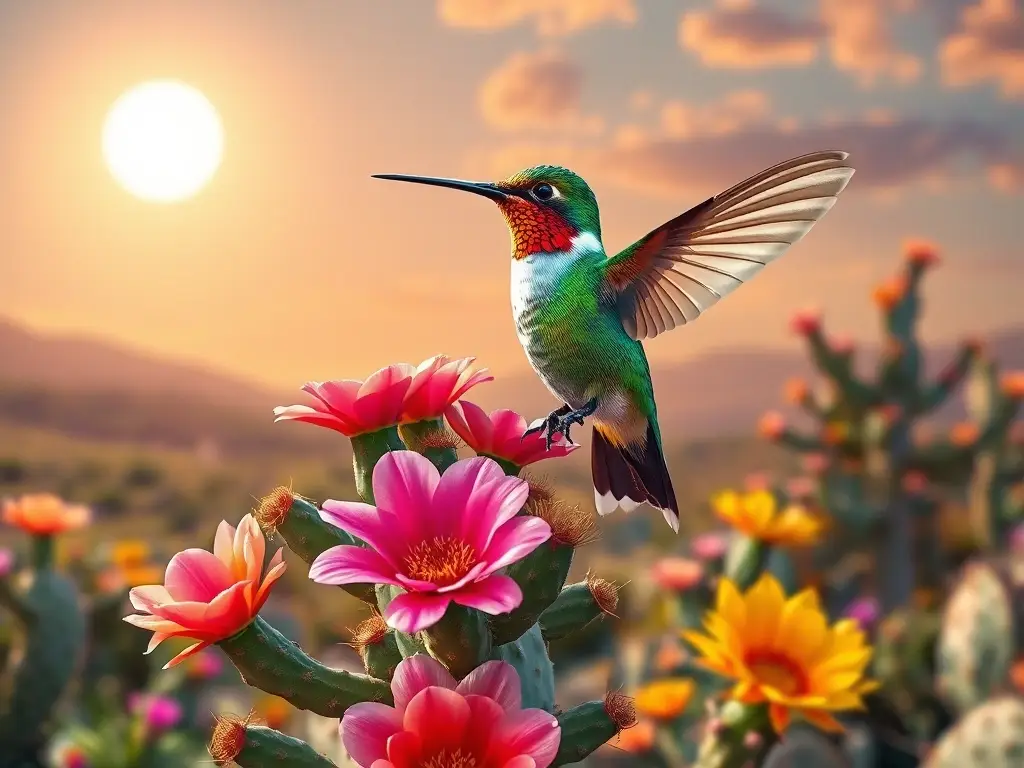 Foto realistíca de un colibrí con cactus, flores y sol