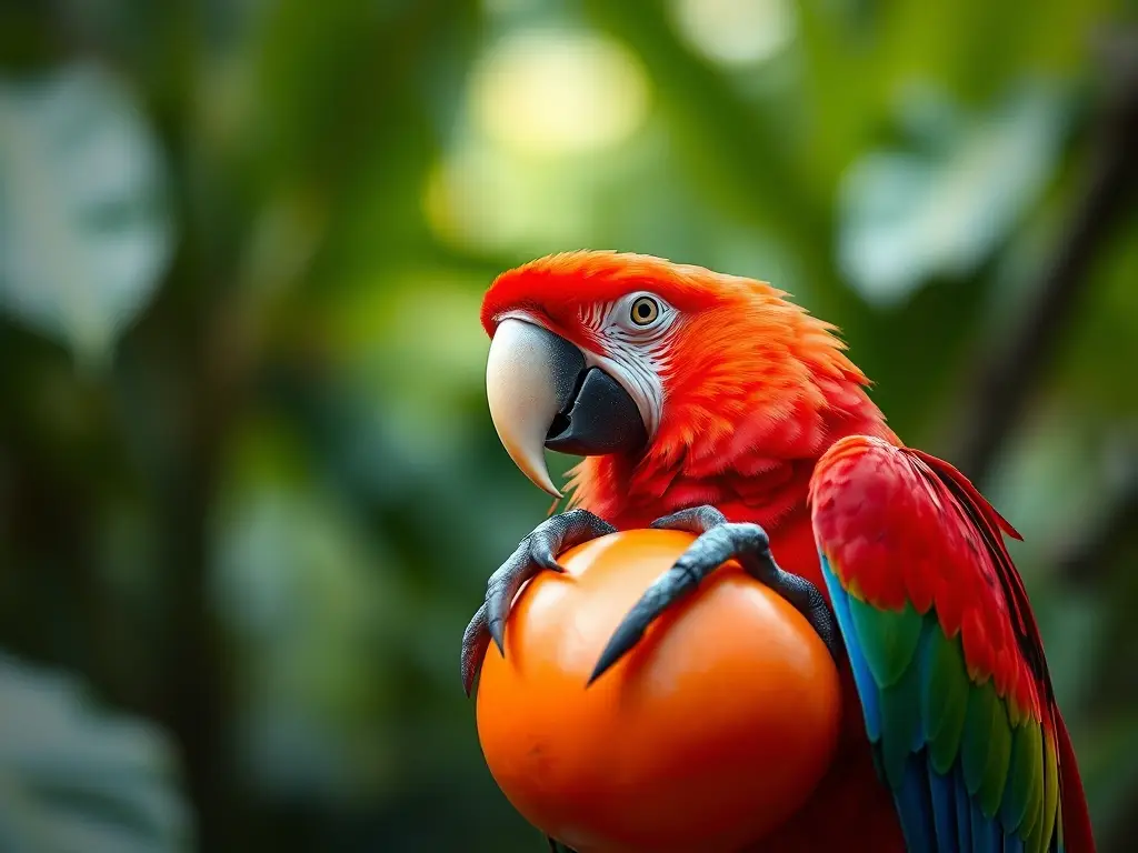 Imagen realista de un macaw rojo de Centroamérica en un fruto tropical