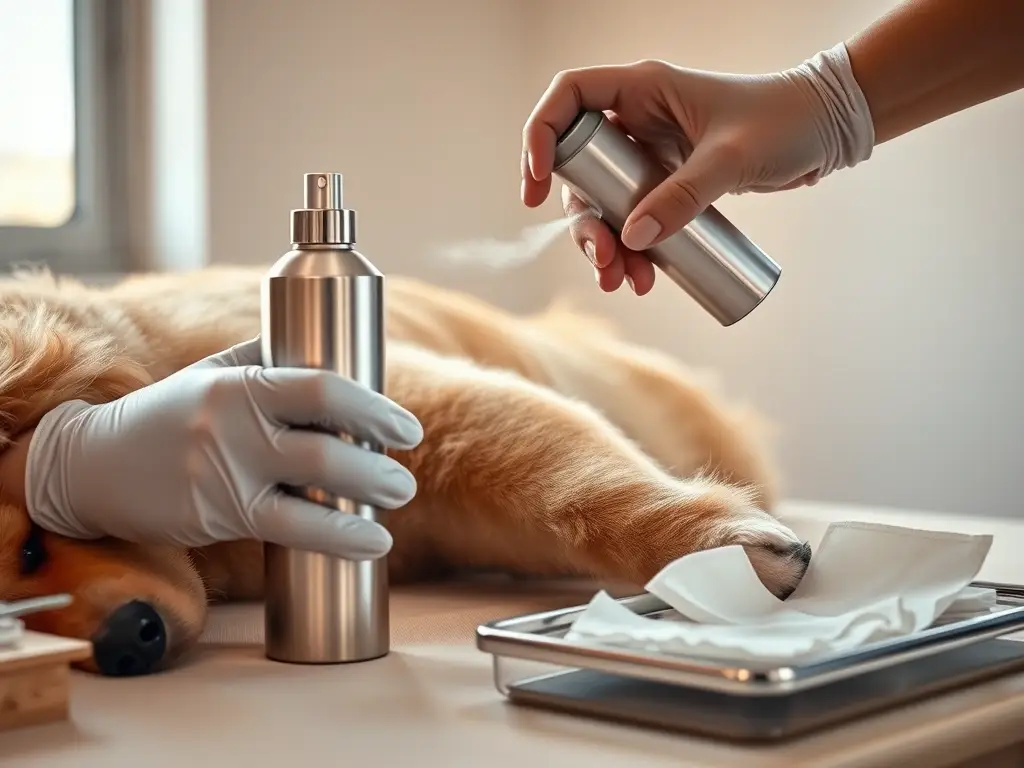Veterinario rocía herida de golden retriever