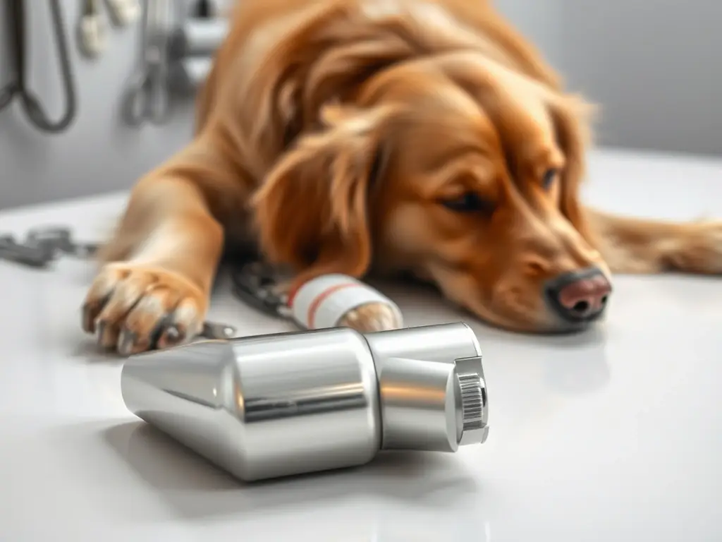 Botella de spray y perro en veterinaria