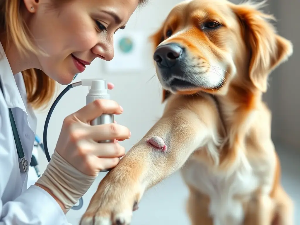 Veterinario rocía spray en herida del perro