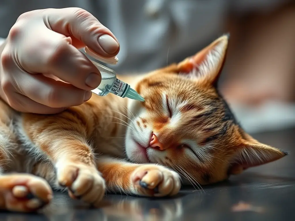 Fotografía realística de un veterinario administrando solución salina a un gato