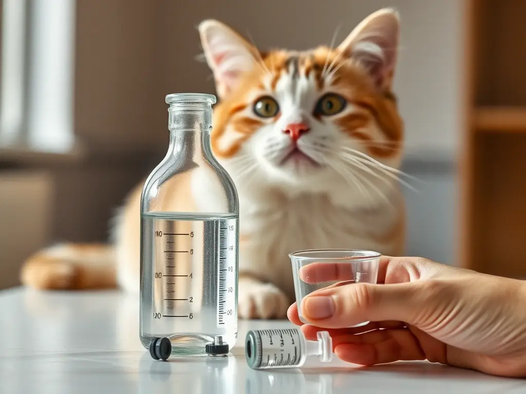 Gato sobre mesa veterinaria, instrumentos de dosificación