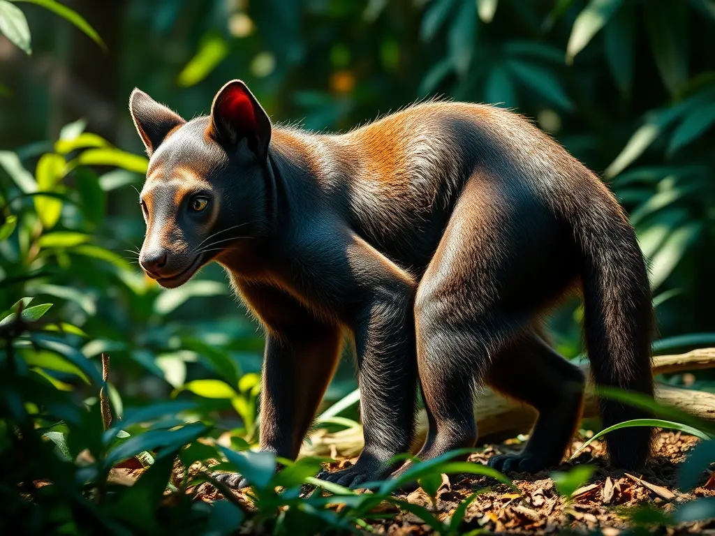 Imagen fotográfica de una tayra real en un bosque lluvioso, luz solar