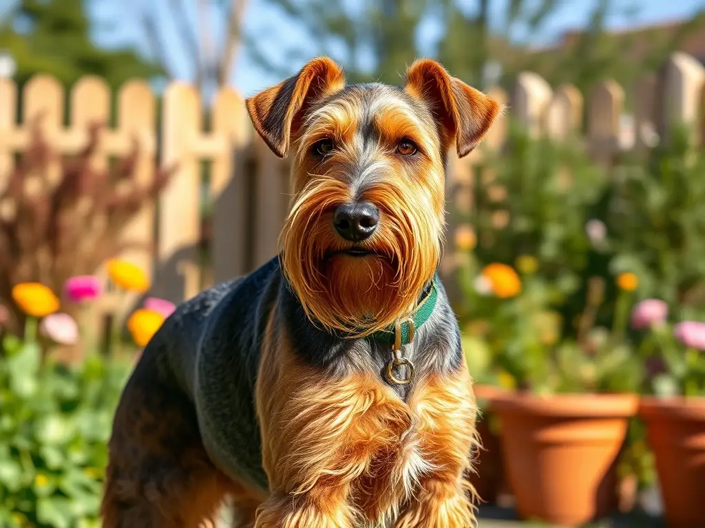 Retrato realístico de un terrier de raza Airedale majestuoso en un jardín soleado