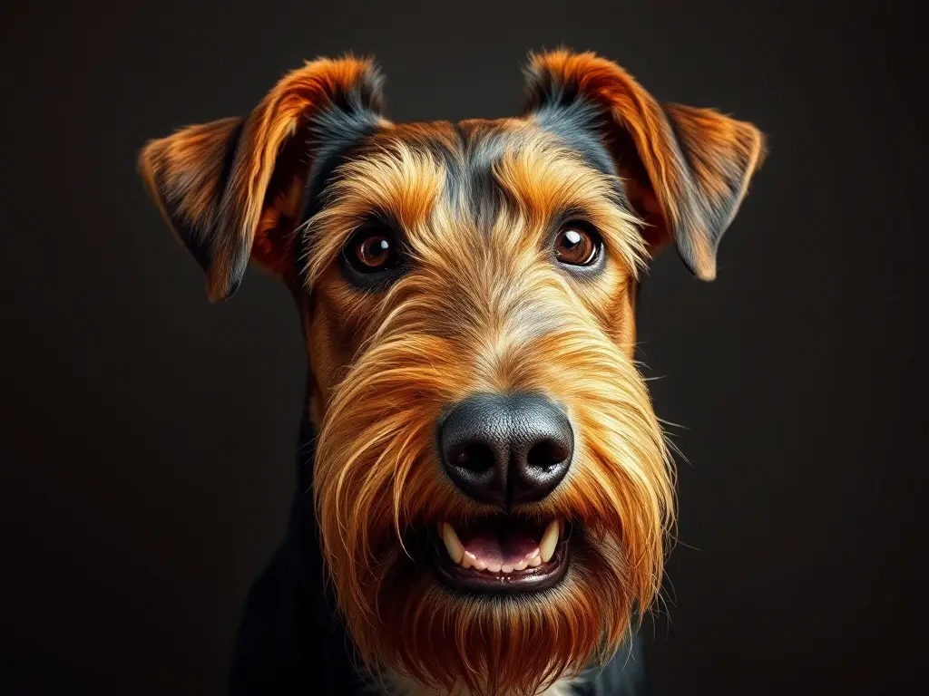 Un retrato de Airedale terrier photorealista, majestuoso, con rasgos detallados
