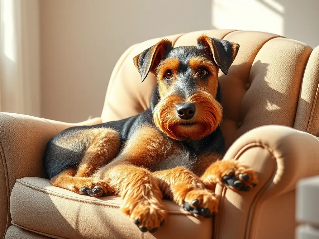 Un Airedale Terrier descansando en un sillón soleado con detalles exquisitos