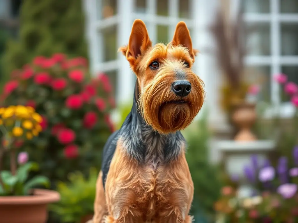 Un retrato realista y detallado de un Airedale Terrier elegante en un jardín