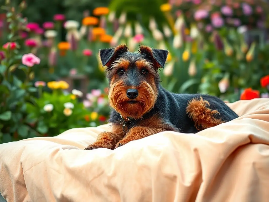 Un retrato de Terrier Airedale dormido en un jardín de ensueño